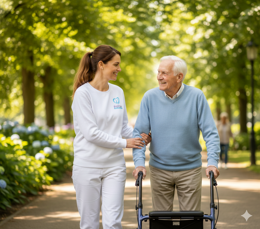 Pfleger hilft einem Klienten beim Spaziergang