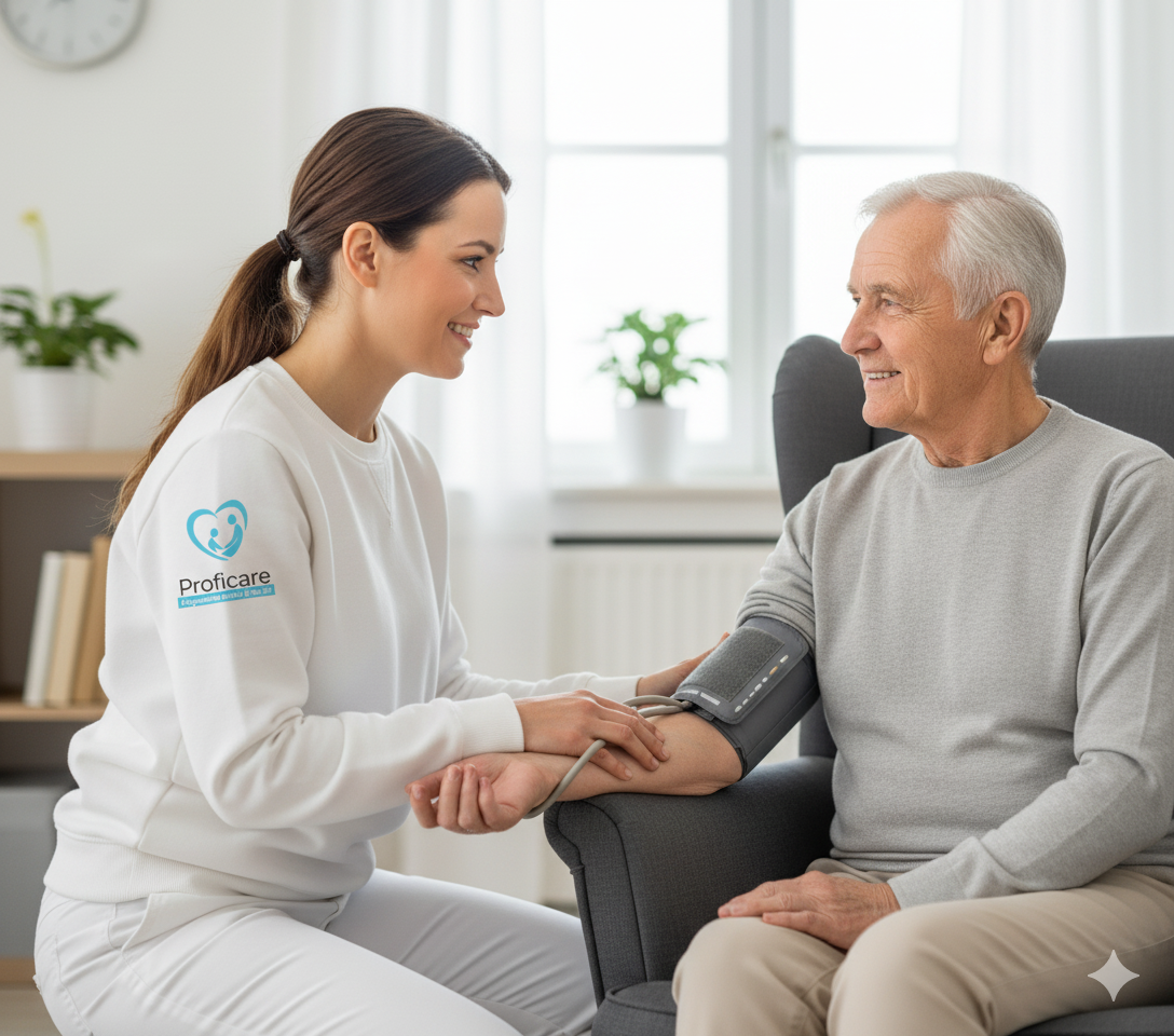 Pflegerin misst Blutdruck bei einer Klientin